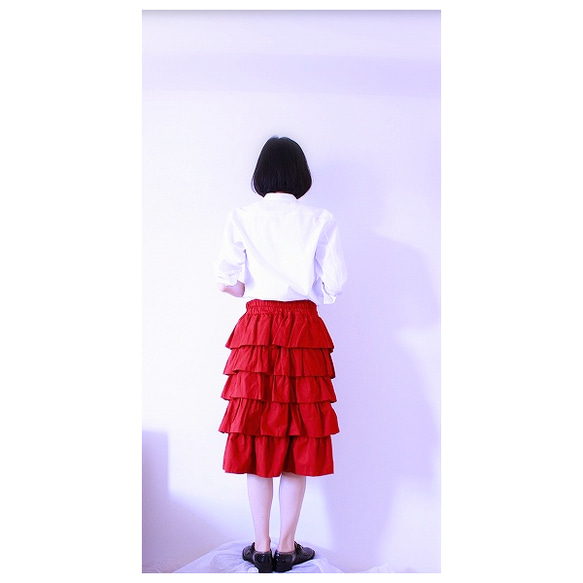 S～LL　コットンリネン　5段フリルスカート　（赤）後ろゴム 5枚目の画像
