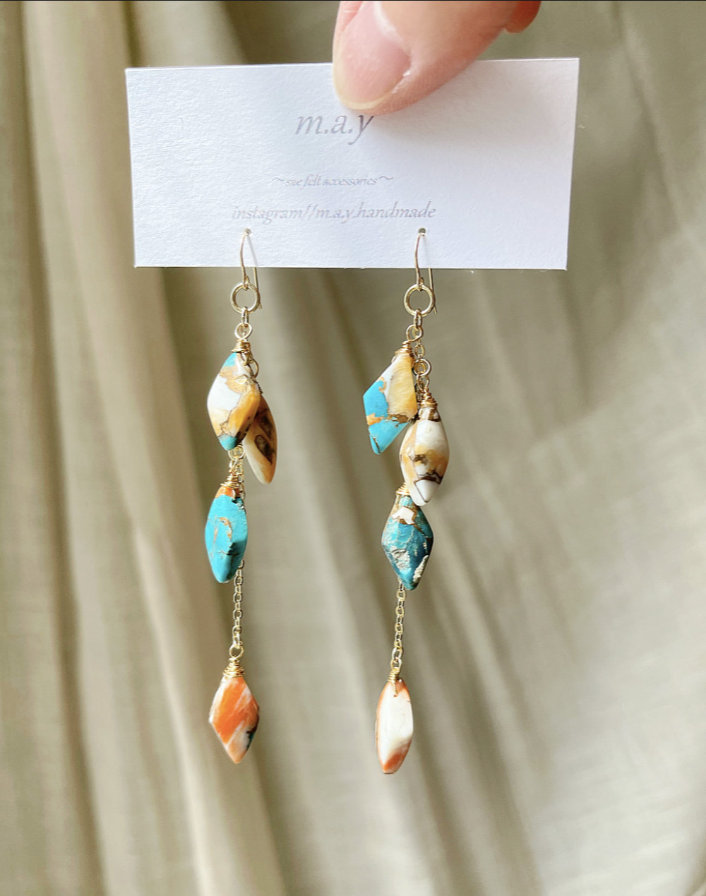 14kgf*オイスターカッパーターコイズ連なるロングピアス*