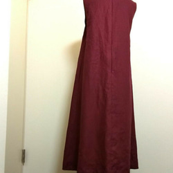 リネンのシンプルワンピース     ワインレッド ロング丈   ジャンパースカートにも 2枚目の画像