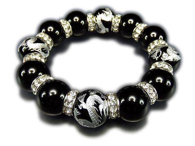 天然石超太18ミリオニキス皇帝龍手彫り銀箔高級ロンデルブレスレット