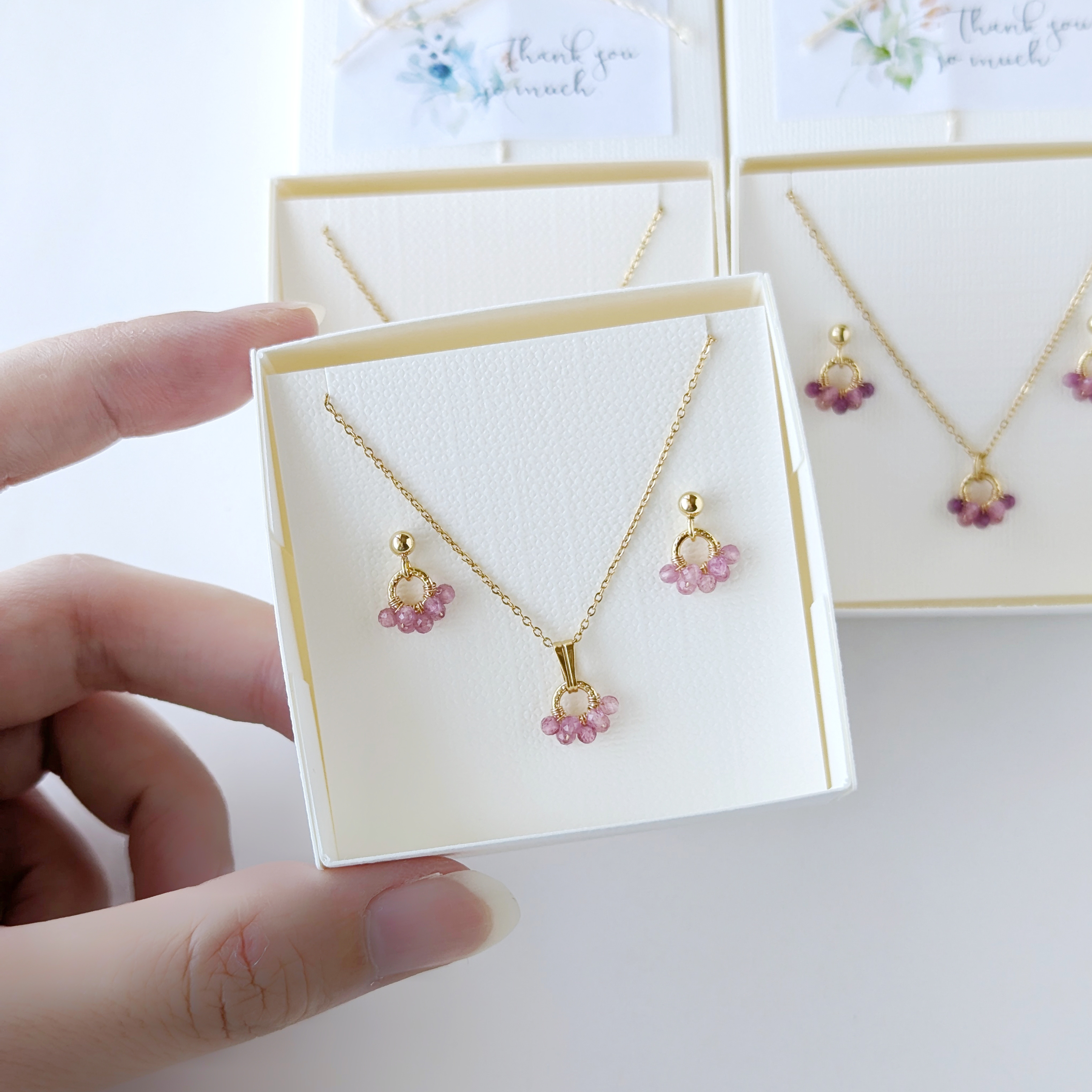 《選べるカラー》＊2点セット＊ ピンクトルマリン、ルビーのミニリングピアス / イヤリング、ネックレス