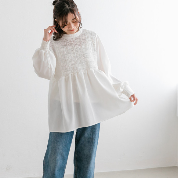 【SALE】シャーリングで顔周り華やか印象 バックリボン 長袖ブラウス 22651 3枚目の画像