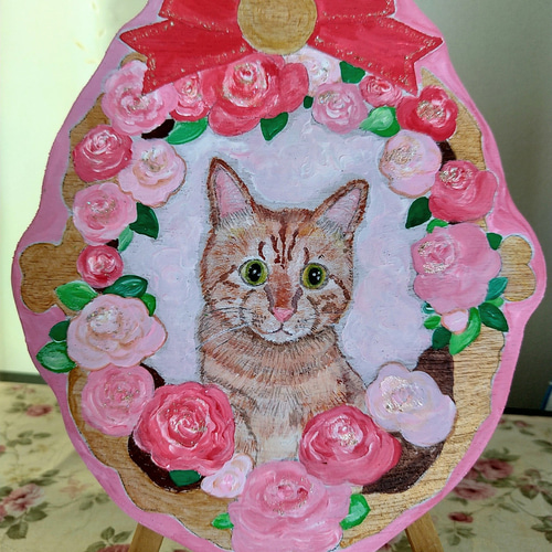 トールペイント　作品　薔薇とテディベア柄ボード 茶トラ猫 赤ピンク薔薇リース トールペイントハンドメイド 似顔絵表札