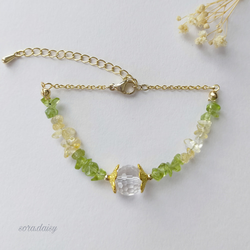ペリドット・シトリン・水晶の華奢な天然石ブレスレット *8月11月