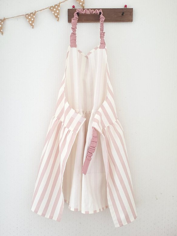 130cm～140cm 子供用 エプロン&三角巾(ストライプ柄 ピンク) 4枚目の画像