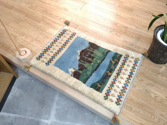 特価品】ペルシャ ギャッベ 85×60cm アイボリー 風景 カーペット・絨毯