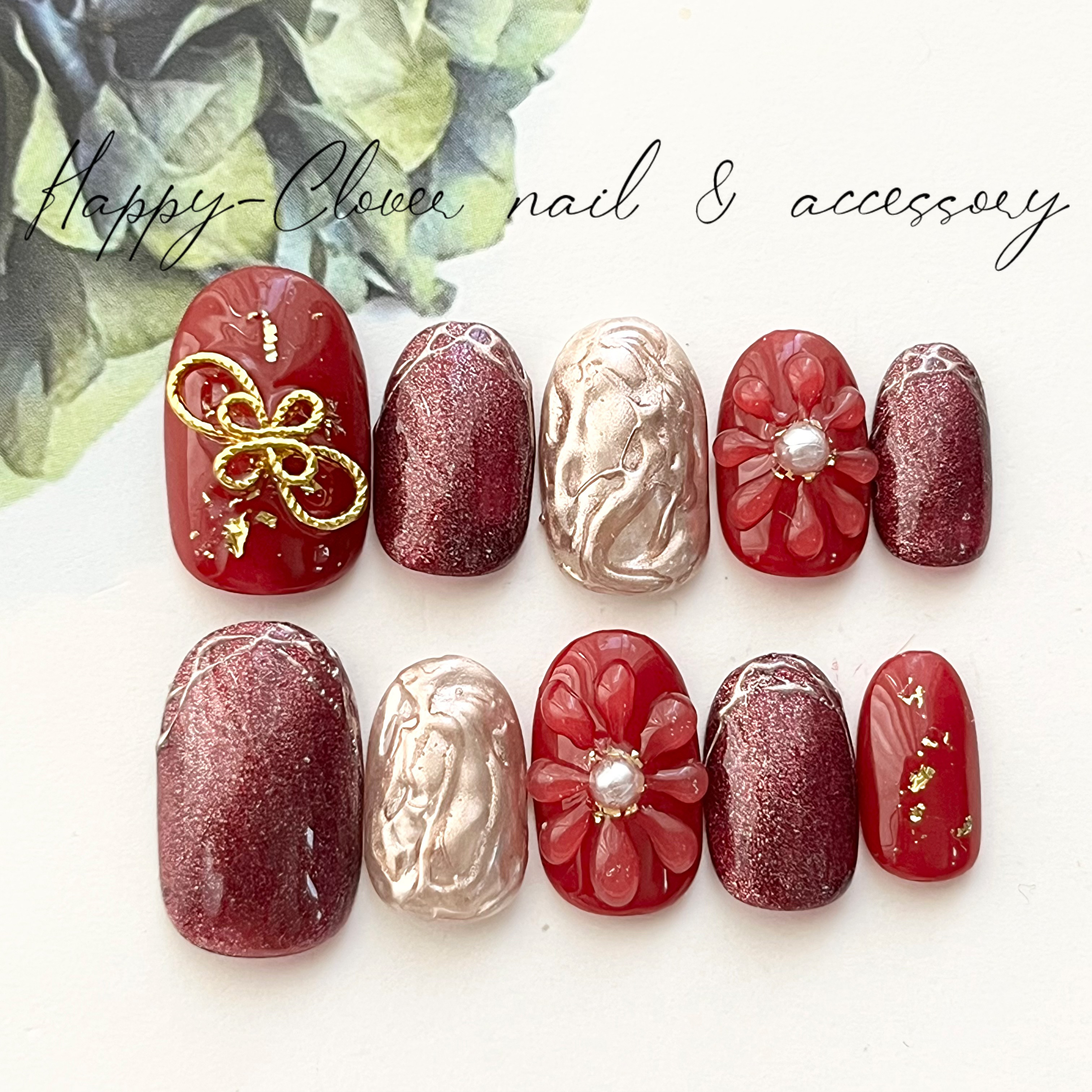 和柄ネイルチップ 赤のお着物ネイル 結婚式 成人式 卒業式 前撮り 振袖  