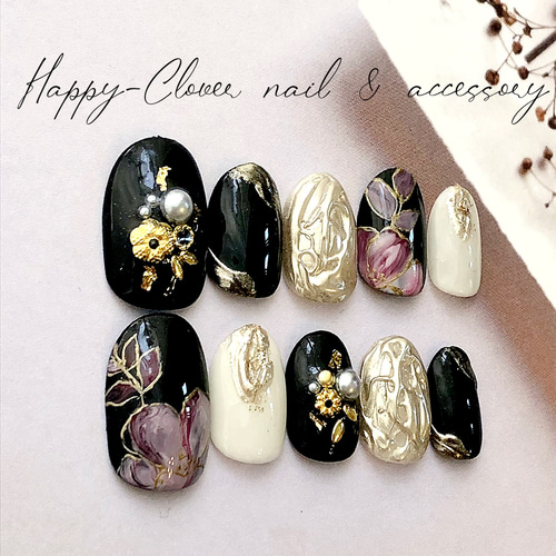 【お買い得！】 和柄ネイルチップ 黒の花模様のお着物ネイル 卒業 成人式 結婚式 ネイルチップ・付け爪