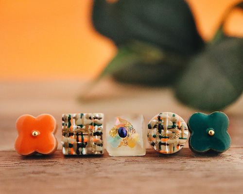 ツイード　ボタン　秋　イヤリング　ブラウン　茶色　ハンドメイド　アクセサリー af3d512c4a3f1461eb95169ef072e1