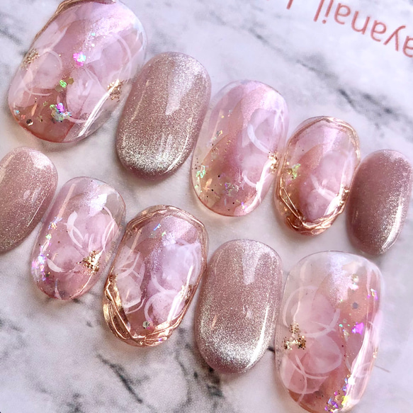 サイズオーダー ネイルチップ 4670オーロラ ピンクフラワー 結婚式  