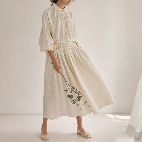 初秋の新作レディース ランタンスリーブ コットンシャツ＋ロング  