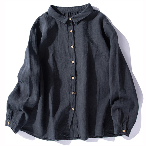 リネンシャツ　シンプル長袖シャツ　水洗い柔らかいリネンシャツ　リネン100％　ネイビー＃L060NV 1枚目の画像