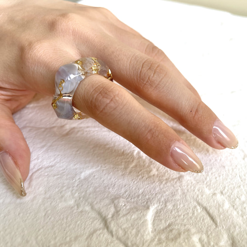 クリアリング 指輪 レジン ホロ 天然石 No.53 Water ハンドメイド