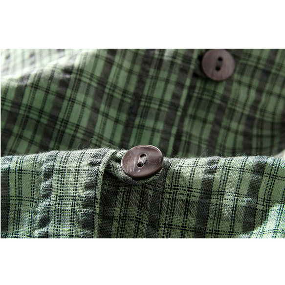 チェック柄長袖シャツ　可愛い襟　ブラウス　シャツ　貝ボタン　グリーン＃L062GR 9枚目の画像