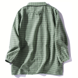 チェック柄長袖シャツ　可愛い襟　ブラウス　シャツ　貝ボタン　グリーン＃L062GR 2枚目の画像
