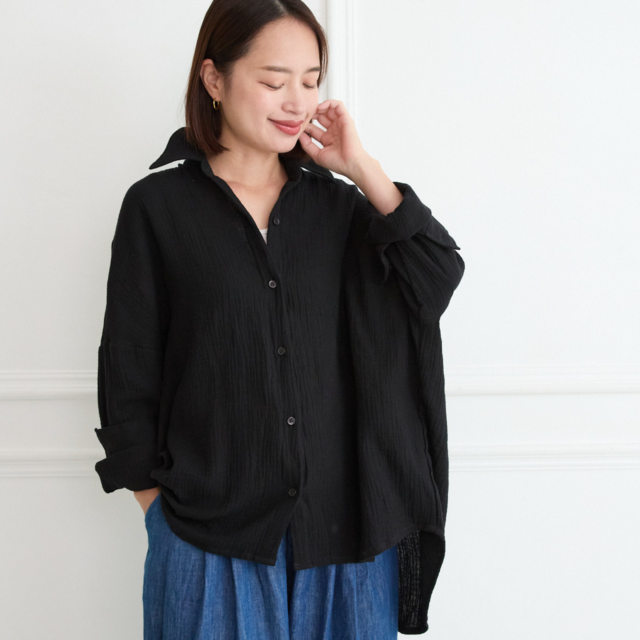 通気性良く肌触りが優しい✨楊柳ダブルガーゼ シャツ 長袖　ブラック　0699BK