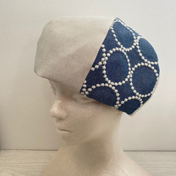 送料無料　綿麻と刺繍生地のベレー帽（ブルー） 4枚目の画像