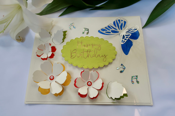 白い花と蝶の誕生日カード (手作り) メッセージカード JYcreatives 