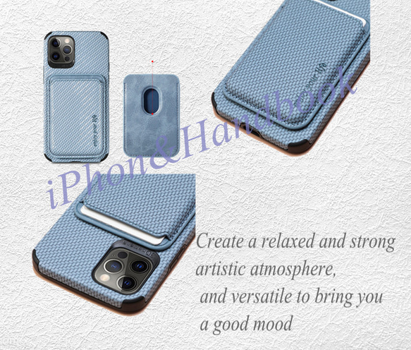 iPhone13携帯電話シェル磁気カードバッグバックステッカーカードスリーブファイバーパターンiPhone12/11 2枚目の画像