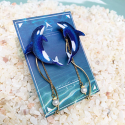 humming 虎鯨 刺繡耳環 耳夾 夾式 抗敏耳針 珍珠 生日禮物 禮盒 海豚 Orcinus orca 第4張的照片