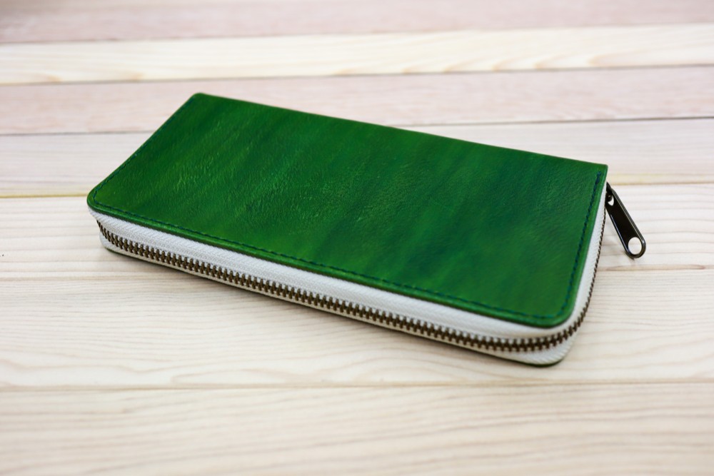 ファスナー長財布・刷毛染め（グリーン）