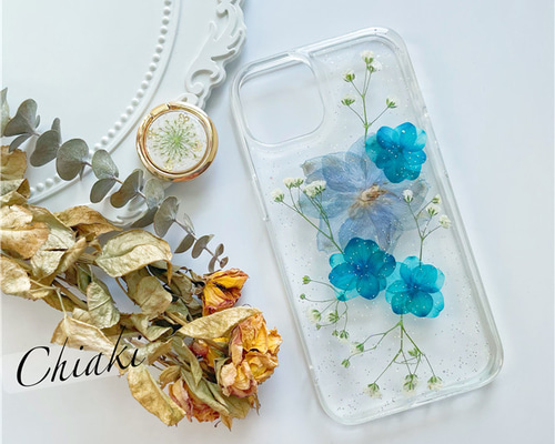 紫陽花押し花スマホケース、かすみ草、全機種対応、ストラップ