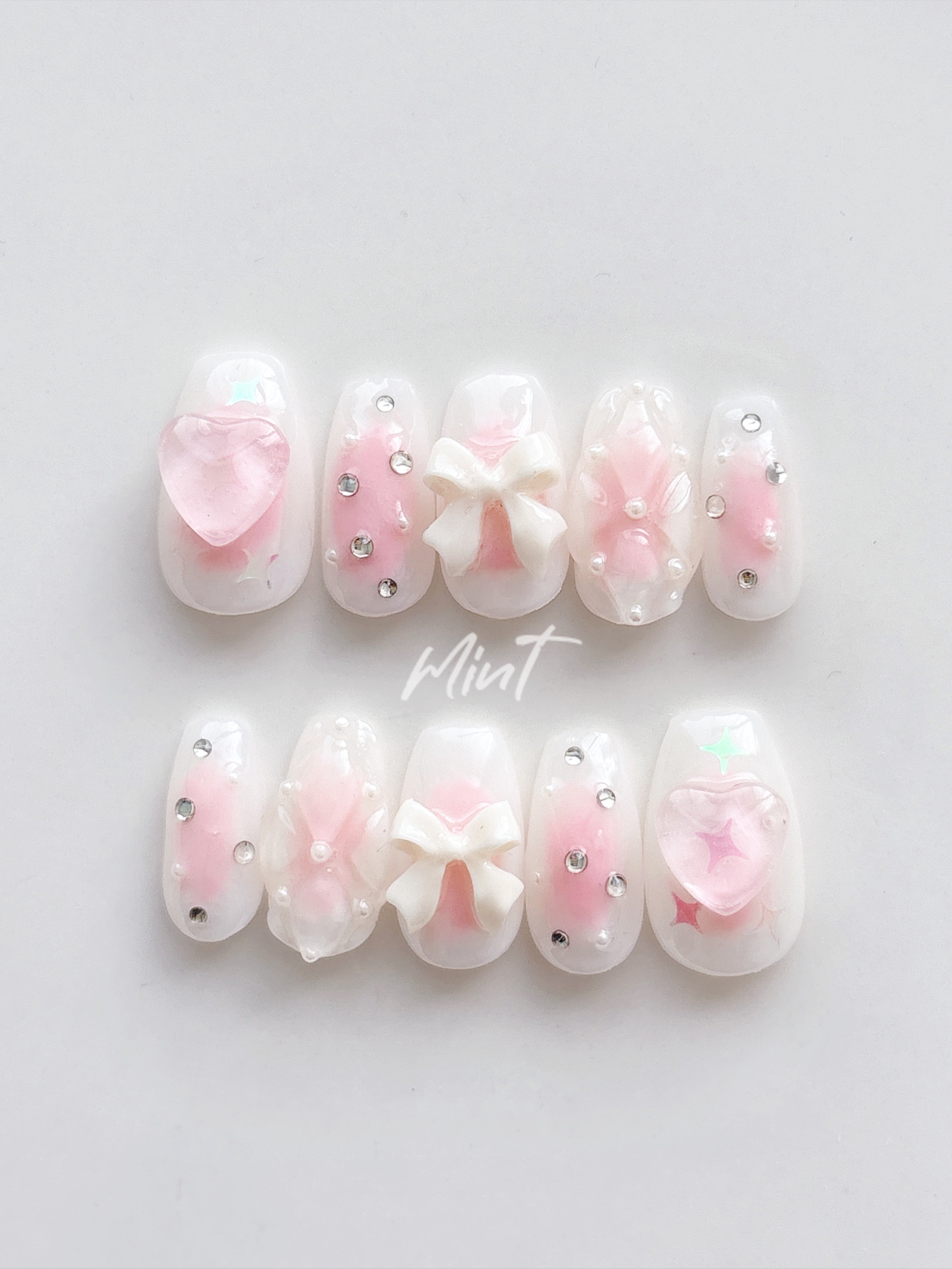 no.021 フレンチガーリー ピンク ネイルチップ 成人式 リボンハート 韓国 no.021 フレンチガーリー ピンク ネイルチップ 成人式 リボンハート