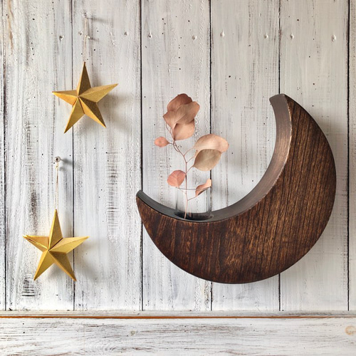 壁掛け三日月の花器」moon 三日月の花瓶 木製 三日月インテリア ☆星月