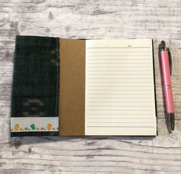 新作　手帳ケース　緑かすり　ペン付き 3枚目の画像