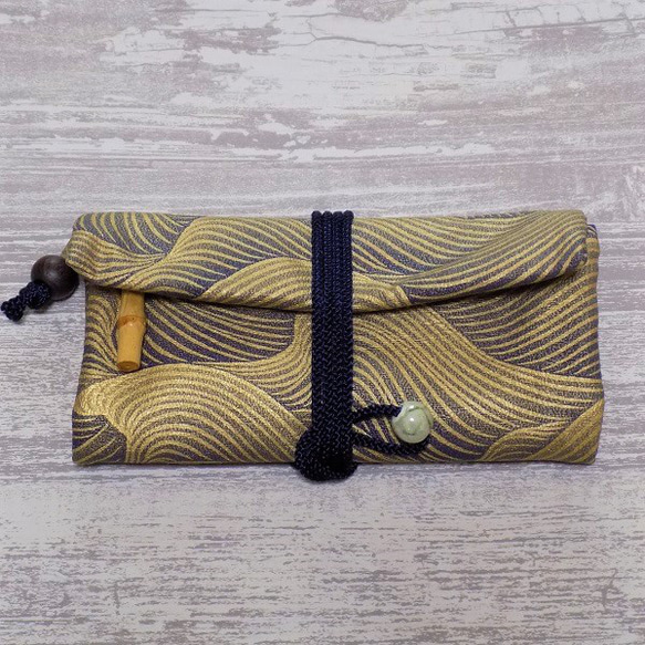 金彩工芸　波　金仕上げ　正絹（シルク）紺色　「道中財布」 3枚目の画像