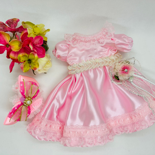メルちゃんのお洋服 ピンク色のワンピースドレス キラキラリボンつき