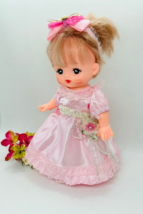 メルちゃんのお洋服 ピンク色のワンピースドレス キラキラリボンつき 