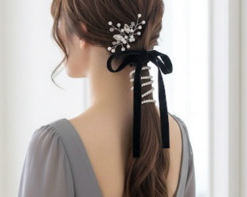 パール ＆ブラック ベロア】ポニーフック ベルベット リボン