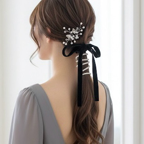 パール ＆ブラック ベロア】ポニーフック ベルベット リボン