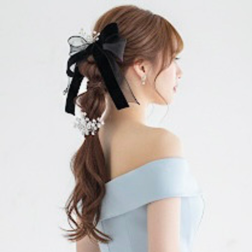 パール ＆ブラック ベロア】ポニーフック ベルベット リボン