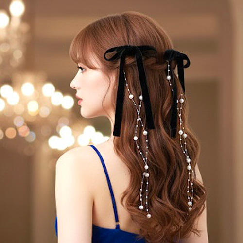 パール ＆ブラック ベロア】ポニーフック ベルベット リボン