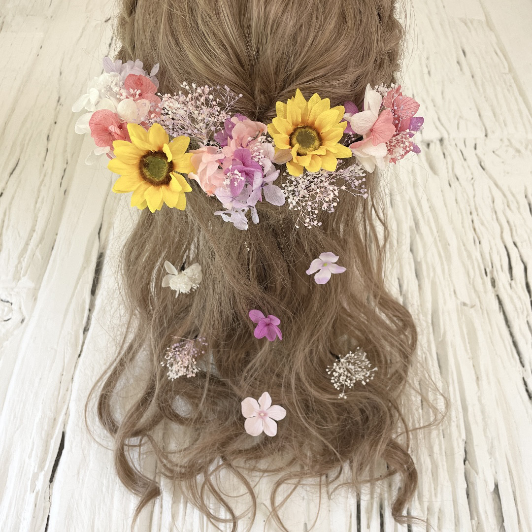 ひまわり　パープル×ピンク　髪飾り　ヘッドドレス