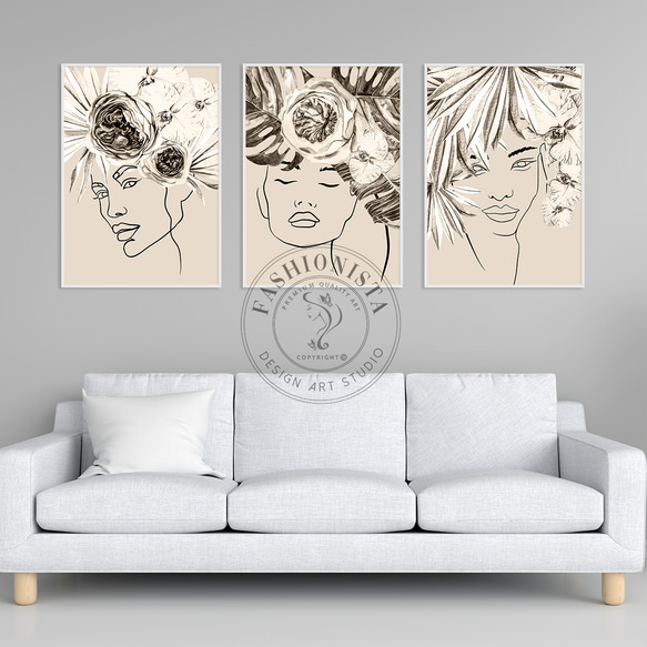 アートポスター3枚セット モダンな花と女性の線画デザイン