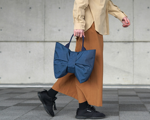 【受注制作】両面ミニトートバッグ５点 パネル生地 刺繍リボン ミニトート1325 ナイロンのリボンミニトートバッグ【ネイビー】 トートバッグ Team