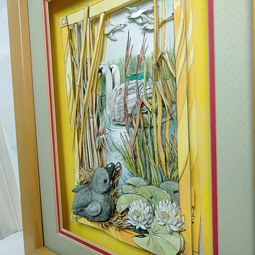 ヨーロッパの立体紙彫刻、みにくいアヒルの子、白鳥、おとぎ話