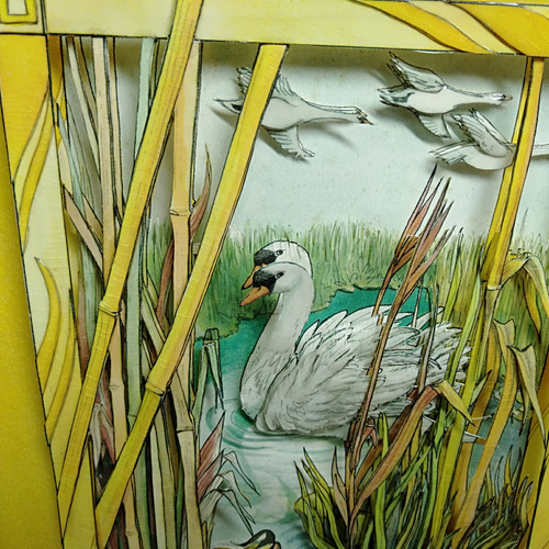 ヨーロッパの立体紙彫刻、みにくいアヒルの子、白鳥、おとぎ話