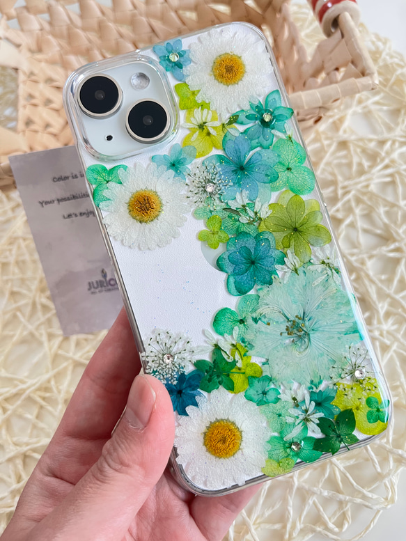カラフルな押し花のスマホケース 選べる5color 全機種対応　ブルー・グリーン・ピンク・パープル・イエロー 10枚目の画像
