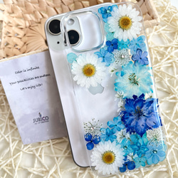 カラフルな押し花のスマホケース 選べる5color 全機種対応　ブルー・グリーン・ピンク・パープル・イエロー 8枚目の画像