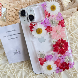 カラフルな押し花のスマホケース 選べる5color 全機種対応　ブルー・グリーン・ピンク・パープル・イエロー 7枚目の画像