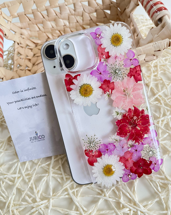 カラフルな押し花のスマホケース 選べる5color 全機種対応　ブルー・グリーン・ピンク・パープル・イエロー 7枚目の画像