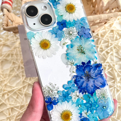 カラフルな押し花のスマホケース 選べる5color 全機種対応　ブルー・グリーン・ピンク・パープル・イエロー 12枚目の画像