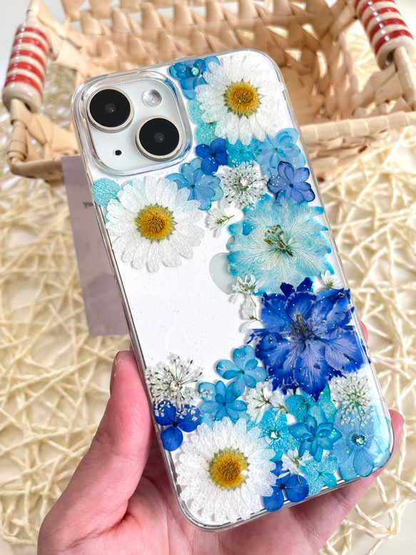 カラフルな押し花のスマホケース 選べる5color 全機種対応　ブルー・グリーン・ピンク・パープル・イエロー 12枚目の画像