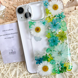 カラフルな押し花のスマホケース 選べる5color 全機種対応　ブルー・グリーン・ピンク・パープル・イエロー 5枚目の画像