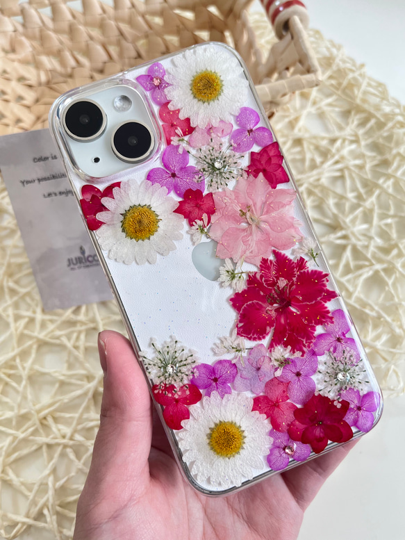 カラフルな押し花のスマホケース 選べる5color 全機種対応　ブルー・グリーン・ピンク・パープル・イエロー 13枚目の画像