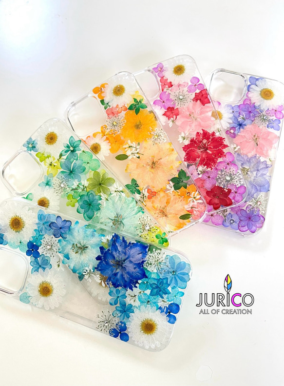 カラフルな押し花のスマホケース 選べる5color 全機種対応　ブルー・グリーン・ピンク・パープル・イエロー 2枚目の画像